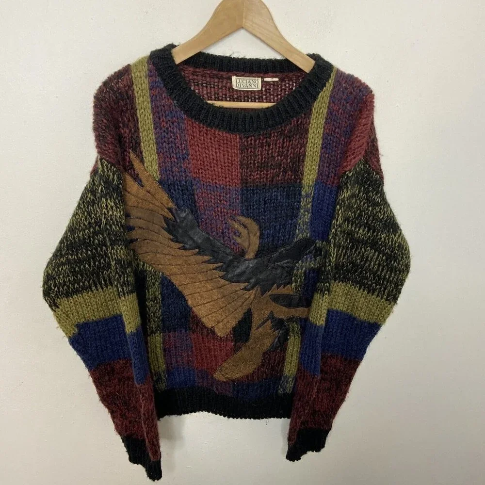 Vintage 90s Luciano Divanni Men M/L Sweater Leatherette Eagle America Hip Hop